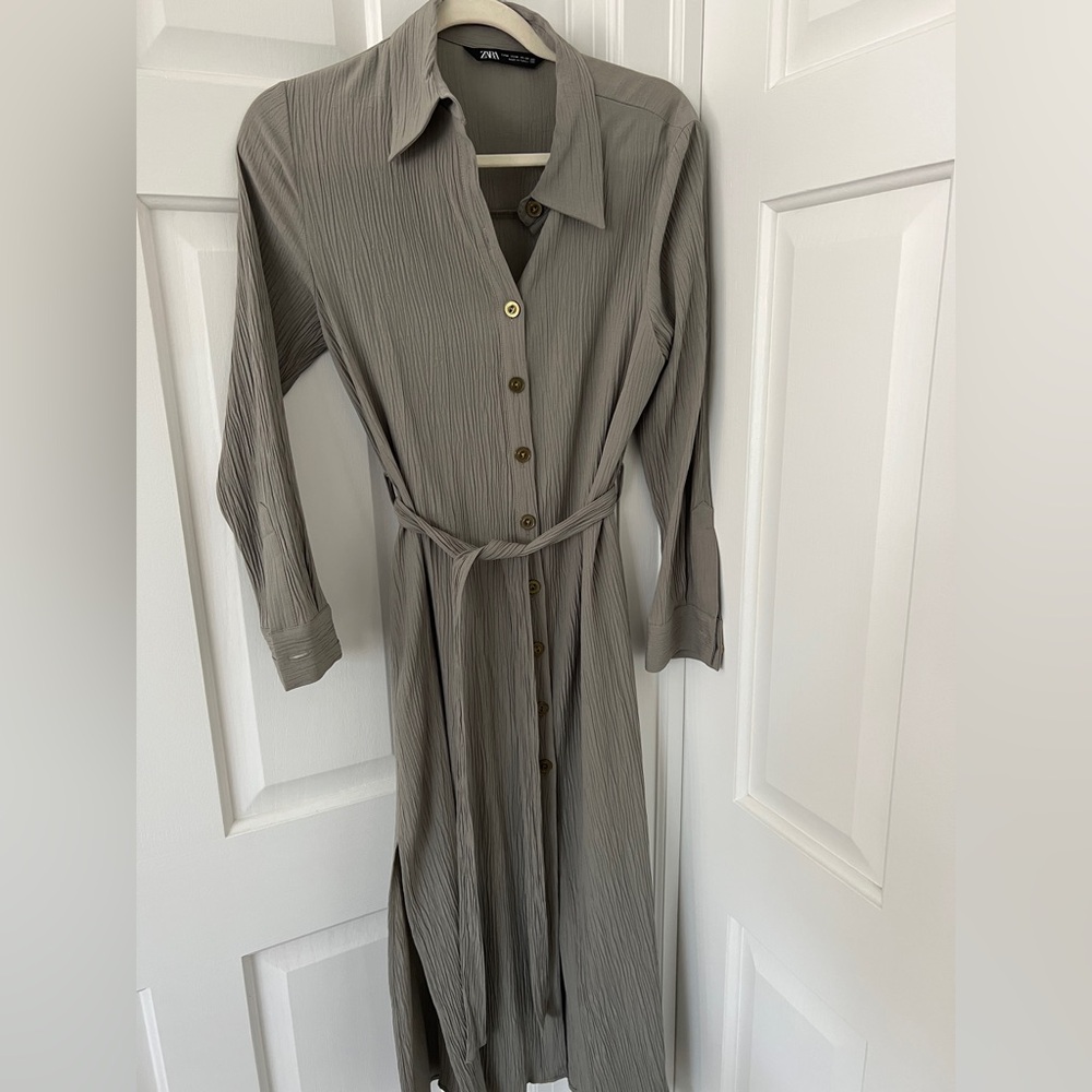 Zara Sage Green Long Sleeve Button-Down Dress